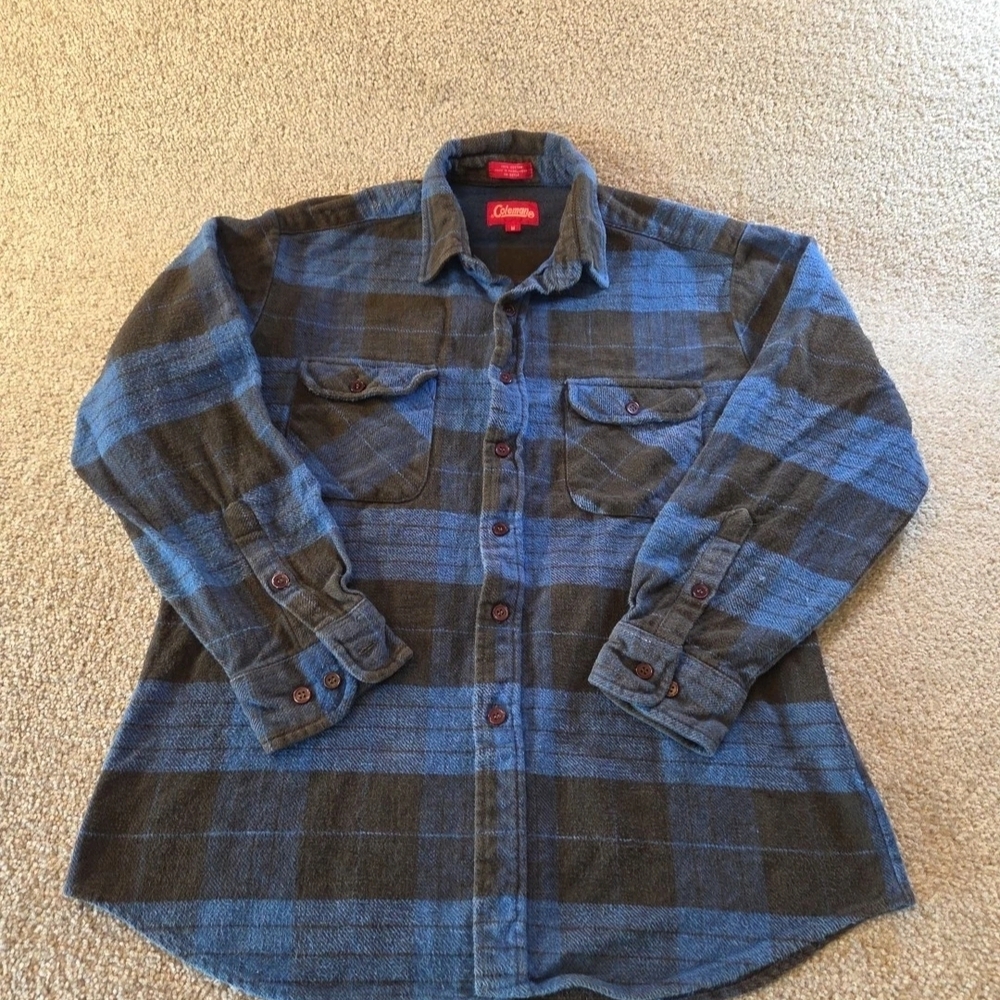 Mens Coleman Flannel Shirt Medium Blue Button Up Plaid Heavy Outdoor